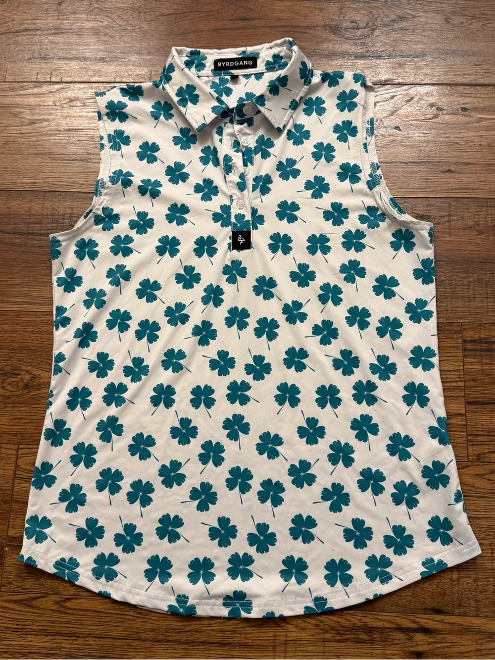 Byrd gang Sleeveless White Golf Polo Top with green clover print